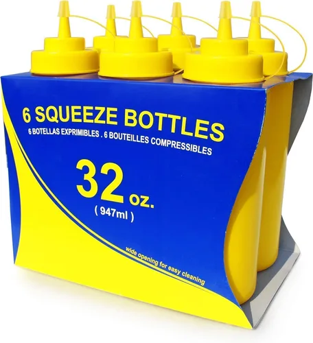 Miniatura 13 de Botellas compresibles New Star Foodservice 26528, de plástico, con tapa y escala, boca ancha, de 16 oz, amarillas, paquete de 6 unidades Amarillo