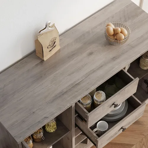 Miniatura 6 de BOTLOG Gabinete de barra de café, armario de almacenamiento de bufé de cocina con almacenamiento, 43.3 pies de aparador de buffet con cajones, Gris