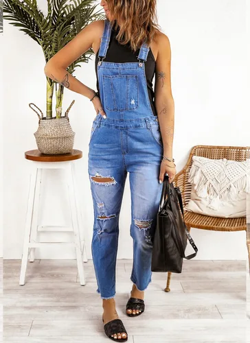 Miniatura 4 de luvamia - Overol de mezclilla ajustable y elástico para mujer, con pechera, jeans, pantalones, jumpsuits