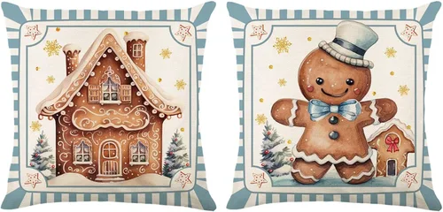 Miniatura 3 de TyCan Juego de 2 fundas de almohada decorativas de Navidad, diseño de casa de jengibre y niña de jengibre para dormitorio de niños, sala de estar