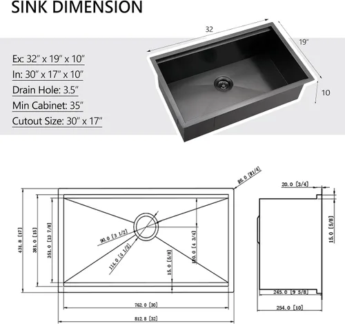 Miniatura 5 de Fregadero de cocina negro 32 para montaje inferior, 32 x 19 x 10 pulgadas, fregadero de cocina de acero inoxidable negro calibre 16, fregadero
