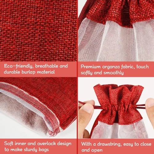 Miniatura 3 de Bolsas de vino de yute, 10 bolsas de arpillera roja para botellas de 25.4 fl oz con ventana transparente, bolsas de regalo de organza con cordón