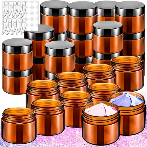 Miniatura 12 de Paquete de 50 de 10 g pequeños contenedores de cosméticos de plástico con tapas, frascos de maquillaje de 10 gramos de color ámbar con espátulas
