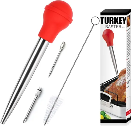 Miniatura 10 de Baster de acero inoxidable para pavo con cepillo de limpieza, jeringa de grado alimenticio para cocinar y rociar con 2 agujas inyectoras de adobo