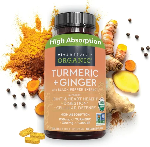 Viva Naturals Suplemento de cúrcuma y jengibre con pimienta negra para una mejor absorción, curcumina de cúrcuma orgánica para apoyar la salud de