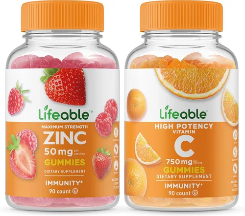 Zinc realista de 50 mg + vitamina C 750 mg, paquete de gomitas – Gran sabor, suplemento vitamínico, sin gluten, sin OMG, gomita masticable