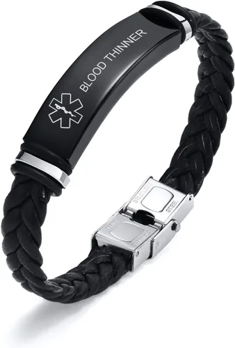 Miniatura 8 de MEALGUET Pulseras médicas personalizadas para hombres: grabado gratuito de acero inoxidable negro y cuero trenzado pulsera de alerta médica