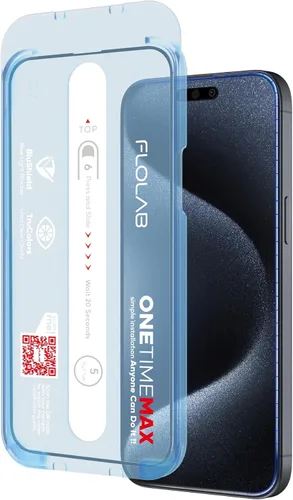 FLOLAB NanoArmour ONETIME MAX - Protector de pantalla para iPhone 15 Pro Max, protector de pantalla anti-luz azul, transparente 3D, vidrio templado