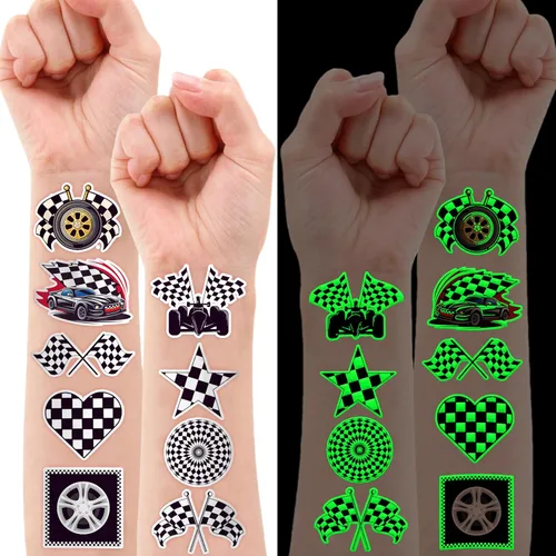 Miniatura 8 de 96 tatuajes temporales de autos de carreras para niños, tatuajes falsos con bandera a cuadros para niños, recuerdos de fiesta de cumpleaños, Normal