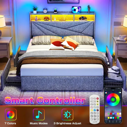 Miniatura 3 de Driftalia Marco de cama LED de tamaño completo con 4 cajones de almacenamiento, marco de cama de tamaño completo tapizado con cabecera de 2 niveles