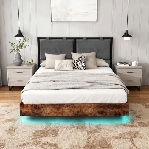 Miniatura 8 de LUCKLIFE Base de cama flotante tamaño Queen, con cabecero ajustable y luces LED inteligentes, marco de cama tapizado con luces RGB, cama de metal