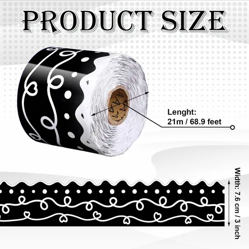 Miniatura 4 de Eaasty Tablero de anuncios en blanco y negro de 69 pies, para decoración de aula, tablero de anuncios, papel colorido festoneado troquelado