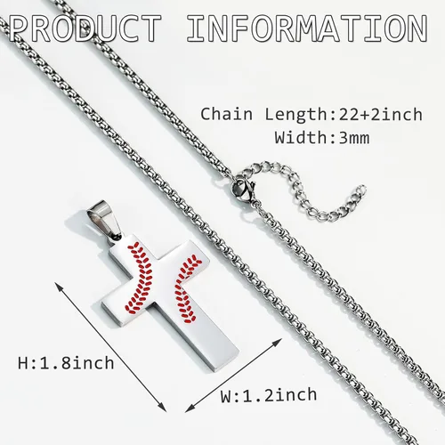 Miniatura 3 de Collar de cruz de béisbol para niños, colgante de cruz de versículo bíblico inspirador de cadena de acero inoxidable de 22 + 2 pulgadas, joyería