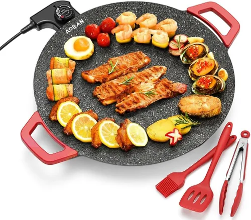 AORAN - Juego de parrilla eléctrica sin humo para interiores, parrilla eléctrica antiadherente para uso en interiores, cocina compacta y versátil