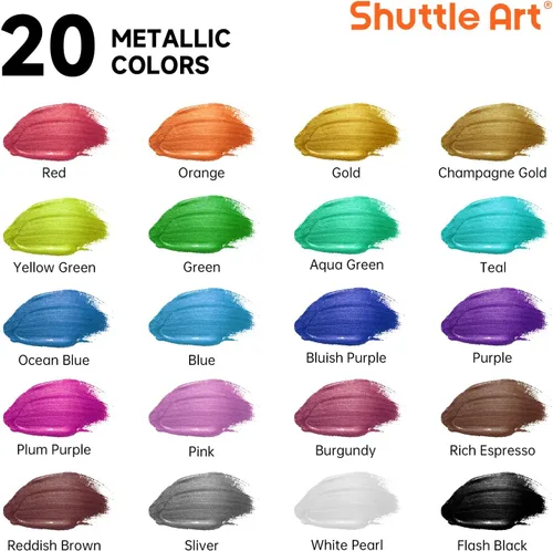 Miniatura 3 de Shuttle Art Juego de pintura acrílica metálica, 20 colores de pintura metálica en botellas (60 ml, 2 oz) con 10 pinceles y 1 paleta, pigmentos