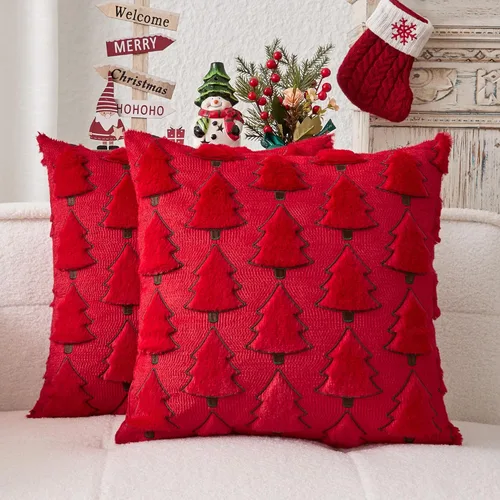 Miniatura 44 de Kevin Textile - Fundas de almohada con diseño de árbol de Navidad de 16 x 16 pulgadas, juego de 2, bordado de lujo, felpa suave, piel sintética