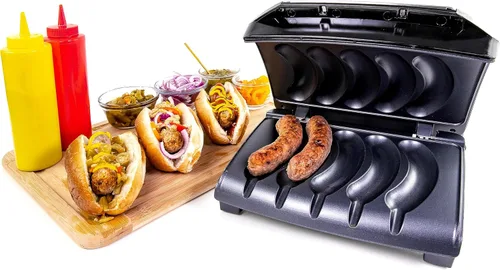 Miniatura 11 de Nostalgia Game Day Sausage and Brat Parrilla eléctrica para 5 salchichas con bandeja de goteo de aceite, asa de transporte y almacenamiento