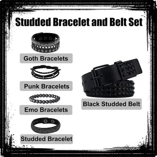 Miniatura 3 de YMO Cinturón con tachuelas negras, pulsera con tachuelas, cinturón emo, gótico, punk, rock, remache, brazaletes emo, joyería gótica, accesorios emo