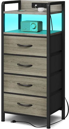 Miniatura 14 de Lazzanto Mesita de noche para dormitorio, mesita de noche con estación de carga y tira de luz LED, mesita de noche con estante de almacenamiento y 2
