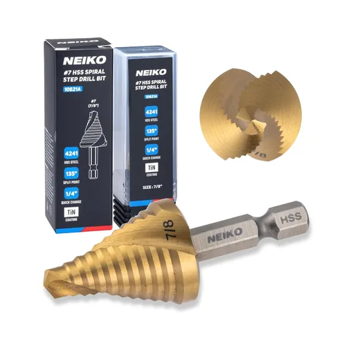 Miniatura 81 de NEIKO 10602B Step Drill Bit, 13 Steps 1/8" to 1/2" Spiral M35 Cobalt, AlTiSiN Coated, 1/4" Quick Change Step Bits for Steel, Metal, Wood, Plastic