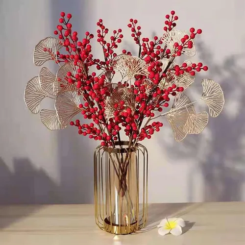 Arreglo artificial de tallo de bayas rojas para Navidad e invierno, con hojas doradas para corona de árbol de Año Nuevo chino, decoración del hogar