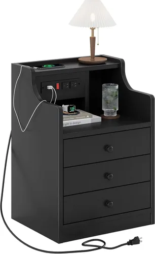 Miniatura 7 de ADORNEVE - Mesita de noche con estación de carga, mesita negra para dormitorio, mesa auxiliar con aparador y cajones de almacenamiento