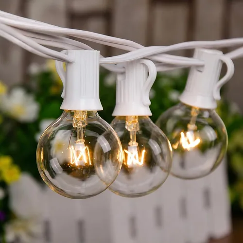 Miniatura 9 de Luces de Cadena Blancas para Exteriores de 50 Pies con 20 Bombillas Transparentes, Luces de Cadena de Patio Globo G40 para Interiores/Exteriores