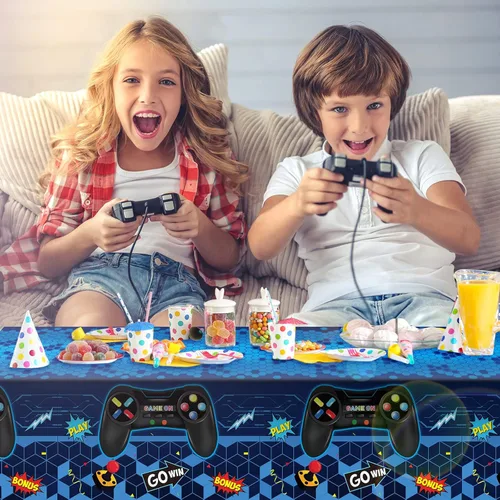 Miniatura 5 de Tatuo 3 fundas de mesa de videojuegos, decoración de cumpleaños temática de juegos, mantel de plástico, suministros de fiesta para niños y niñas