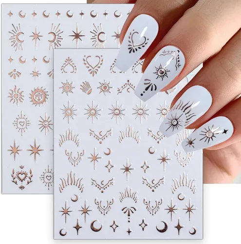Miniatura 9 de 12pcs Aurora Plata Estrella Luna Nail Art Pegatinas 3D para las Mujeres Oro Rosa Sol Corazón Calcomanías de Diseño Láser Suministros