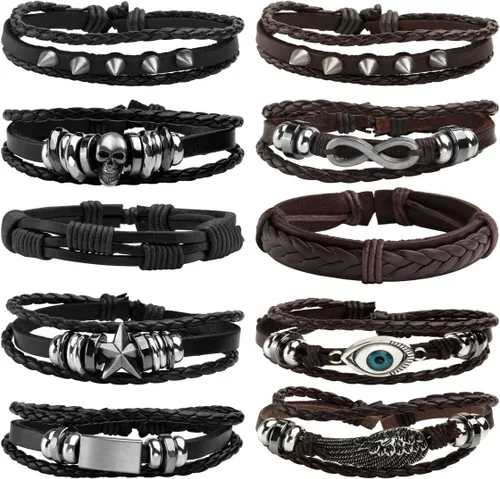 Miniatura 7 de Eigso 6-10 pulseras de cuero trenzado para hombres y mujeres, pulseras ajustables