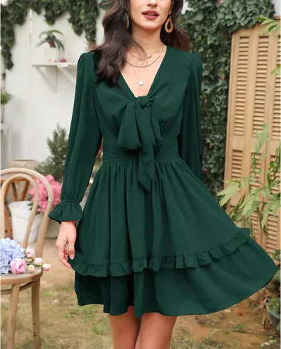 Miniatura 7 de EXLURA - Mini vestido acampanado, con cuello en V, de manga globo larga, floral, con capas, volantes, cintura elástica y para anudar por delante
