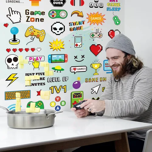 Miniatura 4 de PLIGREAT 100 calcomanías de pared coloridas para jugadores, calcomanías de pared para despegar y pegar, calcomanías de vinilo extraíbles para Gamer
