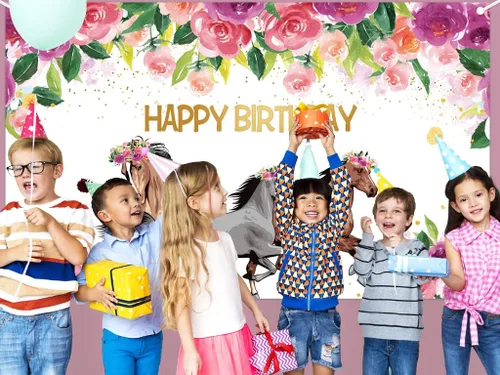 Miniatura 7 de Telón de fondo de caballo para fiesta de feliz cumpleaños, vaquera occidental, caballos, fondo floral rosa, pancarta de cumpleaños, decoración