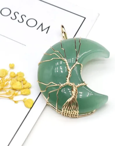 Miniatura 9 de 4 colgantes de piedra natural, forma de luna, chakra, cristal, ágata, alambre de piedra, tejer, diseño de árbol de la vida para hacer joyas