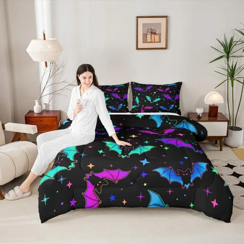 Miniatura 2 de Erosebridal Juego de ropa de cama de murciélago de Halloween, tamaño individual, juego de edredón de estrellas con purpurina y galaxia para niños