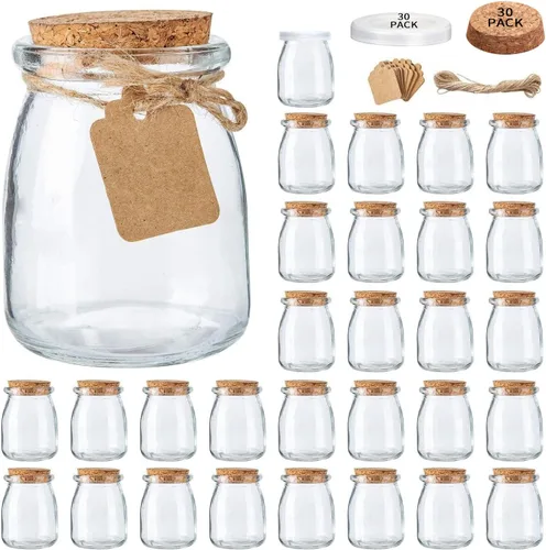 Mini tarros de yogur 30 unidades, tarros de vidrio de 7 onzas con tapas de corcho para recuerdos, recipientes de pudín con tapas, tarros de mason