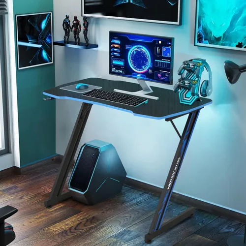 Miniatura 2 de Escritorio para juegos de 35 pulgadas en forma de Z con gancho, mesa de juegos para PC barata, escritorio de oficina en casa para cama, sofá, Azul