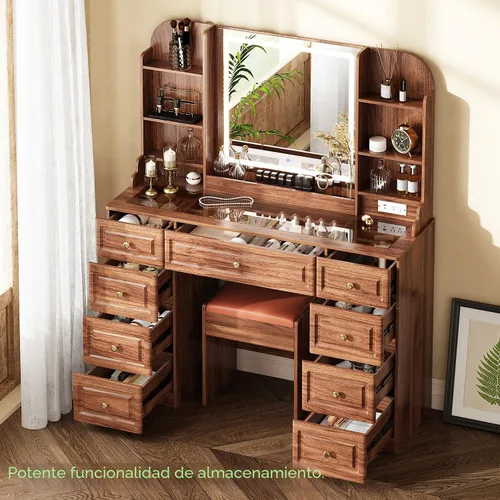 Miniatura 2 de Arulvmrn Escritorio de maquillaje de 43 pulgadas con espejo y luces, y toma de corriente, mesa de tocador grande con parte superior de vidrio con 9