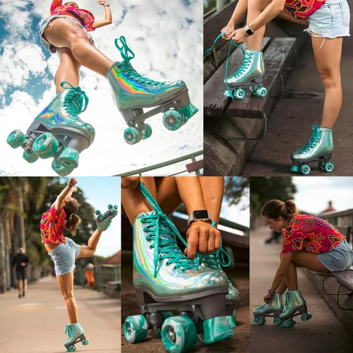 Miniatura 2 de JajaHoho Patines roller para mujeres, patines holográficos, patines de cuatro ruedas de doble fila brillantes para niñas al aire libre (verde)