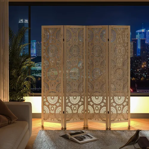 Miniatura 7 de WelFurGeer Divisor de habitación de madera hecho a mano, pantalla de privacidad plegable de 4 paneles con paneles ajustables de 360°, divisores