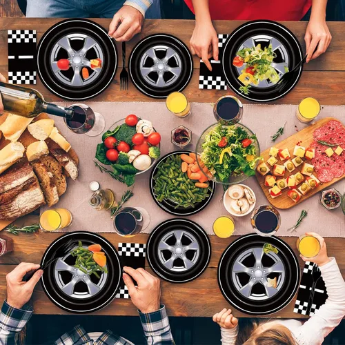 Miniatura 7 de Kepeel Juego de 96 platos y servilletas para fiesta de autos de carreras, suministros de fiesta, decoración de deportes de carreras para niños