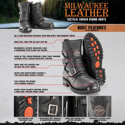 Miniatura 2 de Milwaukee Leather MBM9076 Botas de cuero tácticas tipo logger negras para hombre con mejora de hebilla - 7