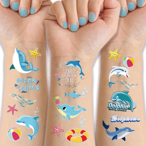 Tatuajes temporales con purpurina de delfín para niños, 4 hojas de tatuajes falsos bronceadores para niñas y niños, lindos tatuajes de animales