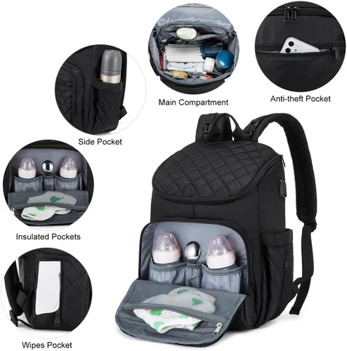 Miniatura 4 de LOVEVOOK Mochila para Pañales de Gran Capacidad con Cambiador Portátil, Mochila de Viaje Multifunción para Bebé Negro-1