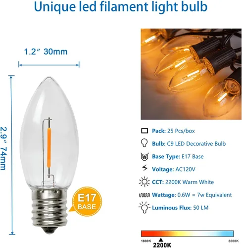 Miniatura 2 de Paquete de 25 bombillas LED C9 de Navidad, bombilla LED C9 de repuesto para cadena de luces de Navidad, base intermedia E17, 2200 K blanco cálido