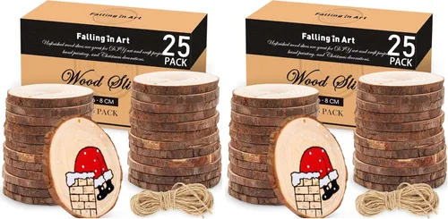 Miniatura 10 de Falling in Art Juego de rodajas de madera natural de 2.3-3.1 pulgadas para manualidades - 25 discos redondos de madera con agujero preperforado