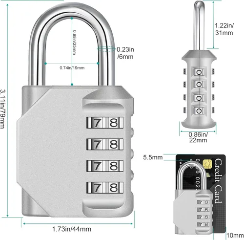 Miniatura 4 de ZHEGE Candado de combinación de 4 dígitos reajustable para exteriores, gimnasio, escuela, valla y casillero de empleados (plateado)