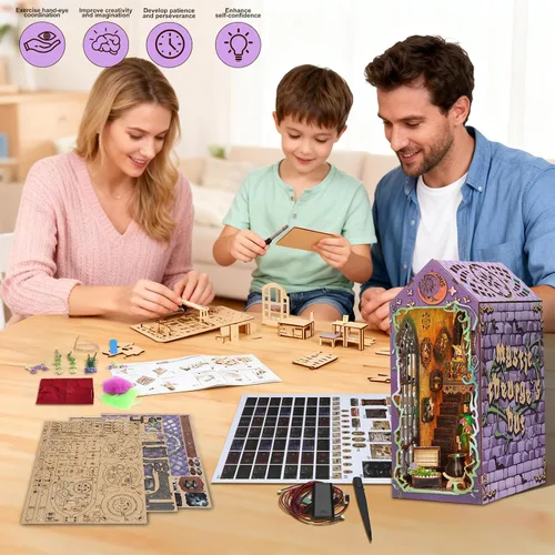 Miniatura 7 de Kits de rincón de libros para adultos, rompecabezas 3D de bricolaje de casa de magos mágicos Kit de decoración de estantería de libros Regalos