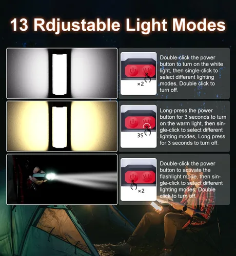 Miniatura 3 de Linterna solar recargable para campamento, linternas recargables con batería de 6000 mAh, 13 modos de luz, IP66, impermeable, luz recargable