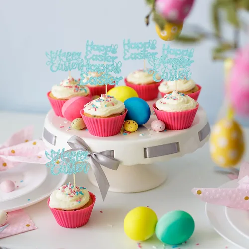 Miniatura 6 de Gyufise Paquete de 24 adornos azules con purpurina para cupcakes de Pascua con orejas de conejo de Pascua, decoraciones para fiesta de Pascua